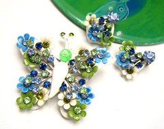 Vintage 1960s Enamel Rhinestone Butterfly Brooch Earrings Set Layered Flowers