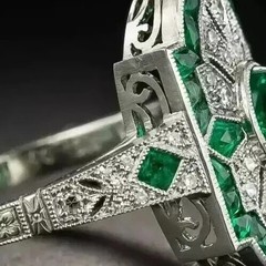 Art Deco Style Oval Cut Emerald & Lab Created Diamond 925 Silver Engagement Ring