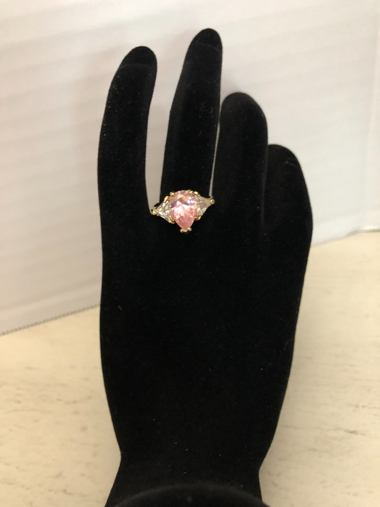 Vintage Art Deco Style 18K Gold Electroplate Ring Pink White Rhinestones