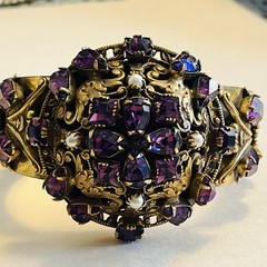Sandor Amethyst Marquise Rhinestone & Pearls Ornate Sprung & Hinged Bracelet