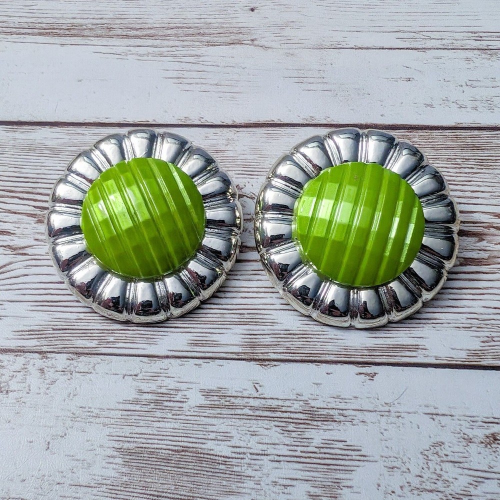 Vintage Clip On Earrings – 1 & 5/8″ Silver Tone & Green with Design Large