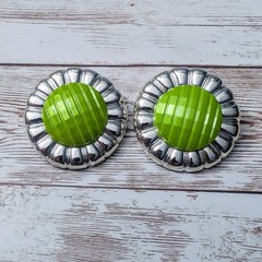 Vintage Clip On Earrings – 1 & 5/8″ Silver Tone & Green with Design Large