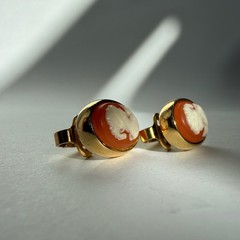 Vintage CROWN TRIFARI 1960s Gold Toned Orange and Ivory Cameo Clip On Earrings