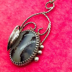 Sterling Silver Old Pawn 925 Necklace Pendant Southwest Moss Agate Oval Leaf 24″