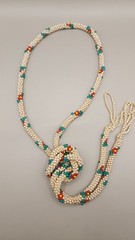 Vintage 1960s Bead Crochet Lariat Tassel Necklace Faux Pearl Floral Rope 48″
