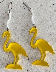 Vintage Enamel Flamingo Dangle Earrings Yellow Cream Tropical Retro Kitsch