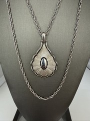 Crown Trifari© Textured Pendant Double Chain 1955-1969 Signed Silver Tone 18”