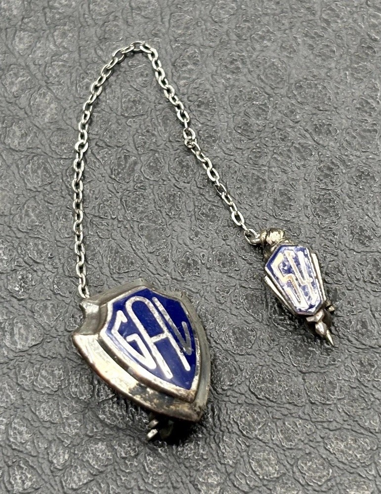 Vintage GAL Blue Enamel Sterling Silver Shield Crest Safety Pin Brooch Chain