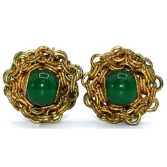 Signed Miriam Haskell 36″ Green Glass Bead Opera Necklace & Clip Earrings Set