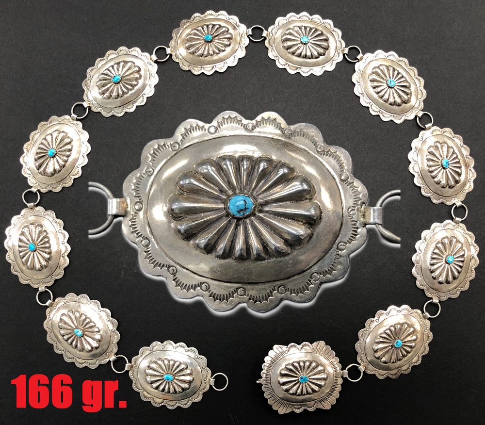 OLD PAWN Navajo 36″ Sterling Silver Concho Belt 12-Link ~ Vintage Blue Turquoise