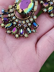 Vtg Hollycraft 1956 Peacock Blue Ab Clip Earrings Iridescent Glass Articulated