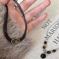 Vintage Brown Stone Pendant Necklace, Leather Choker, Retro Hip Hop Jewelry