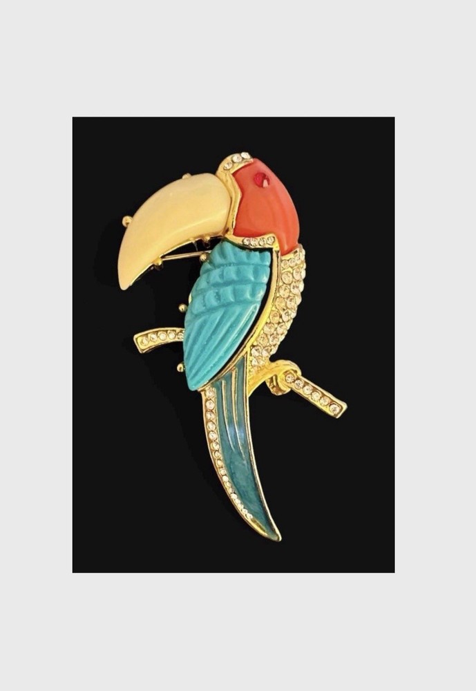 Vintage Hattie Carnegie Toucan Brooch Faux Coral Turquoise Resin Bird Pin Enamel