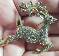 Gold Toned Metal Rhinestone Reindeer Ugly Sweater Christmas Party Brooch Jewelry