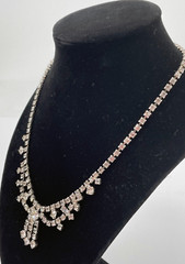 Antique Victorian Revival Silver Tone Faceted Rhinestone Bow Statement Necklace