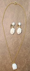Vintage Lightweight White Carved Celluloid Flower Earrings and Necklace Set