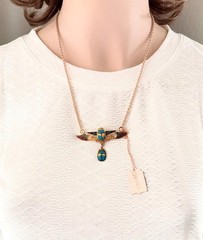 Antique Art Deco French Egyptian Revival Enamel Scarab w/ Wings Necklace NOS