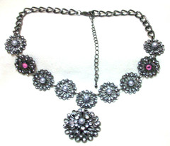 Gray Faux Pearl Clear Pink Rhinestone Pendant Necklace 19″ Black Filigree Metal