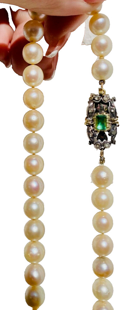 Antique 24″ Pearl Necklace, 18k Diamond Emerald Clasp, Spain Estate, 8 Diamonds