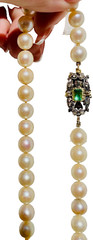Antique 24″ Pearl Necklace, 18k Diamond Emerald Clasp, Spain Estate, 8 Diamonds