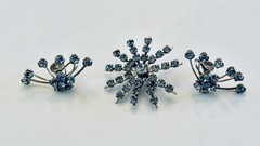 Vintage Rhinestone Brooch Earring Set Snowflake Starburst Light Blue Screw Back