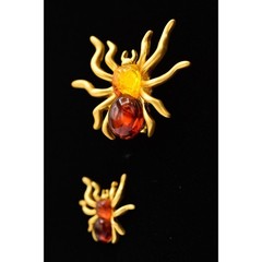 Vintage Spider Pin Lapel Tac Set Brushed Gold Tortoise Halloween NOS 1980s BinA7
