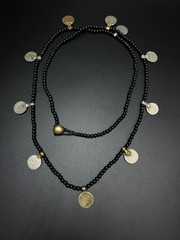 Vintage Black Beaded Coin Necklace, Tribal Boho Necklace, Ethnic Coin Charm