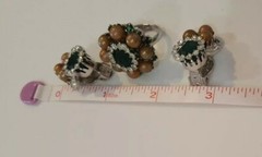 Beautiful Vintage Hobé Ring & Clip On Earrings – Silver Tone Faux Green Emerald