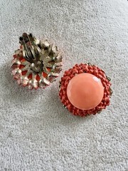 Vintage 1970s Multi-Strand Heart Bead Necklace + Clip-On Earrings Set Orange