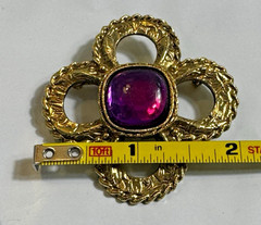 Vintage Gold Tone Purple Cabochon Brooch Ornate Quatrefoil Statement Pin 2.25in
