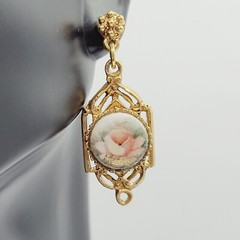 Art Deco Hand Painted Signed Rose Gold Tone Victorian Frame MCM Pierced Earrings