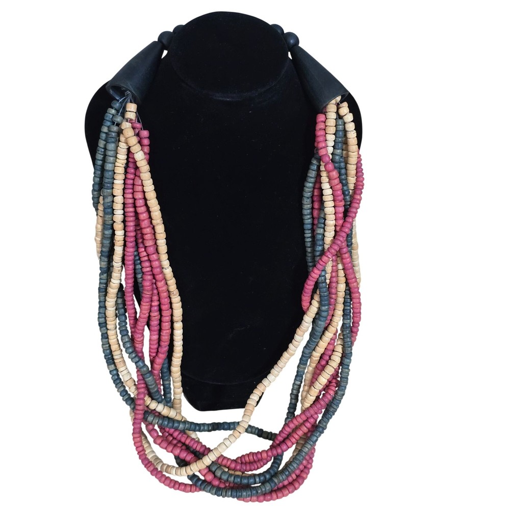Vintage Multi Strand Beaded Necklace Signed Casual Corner Boho Tribal Wood Beads