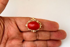 Antique Victorian 14K Solid Gold, Diamonds and Large Natural Undyed Coral Ring