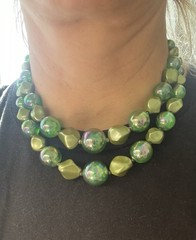 VTG READ 2 Strands Green Iridescent Acrylic Lucite Beads Chocker Collar Necklace