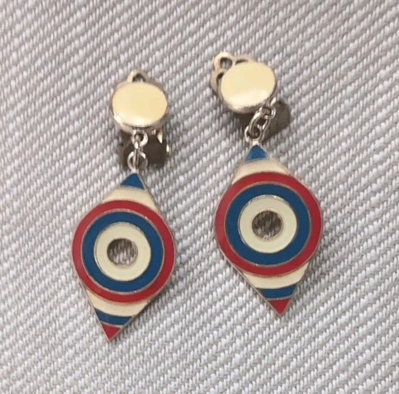 Vintage Clip On Drop Dangle Earrings Red Blue Teardrop Keyhole Rare Fr Ship