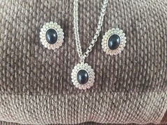 Silver tone Cabochon Onyx Necklace And Pierced Earrings
