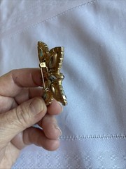 Vintage Rhinestone Butterfly Brooch Aqua Teal Gold Tone Mid Century Style