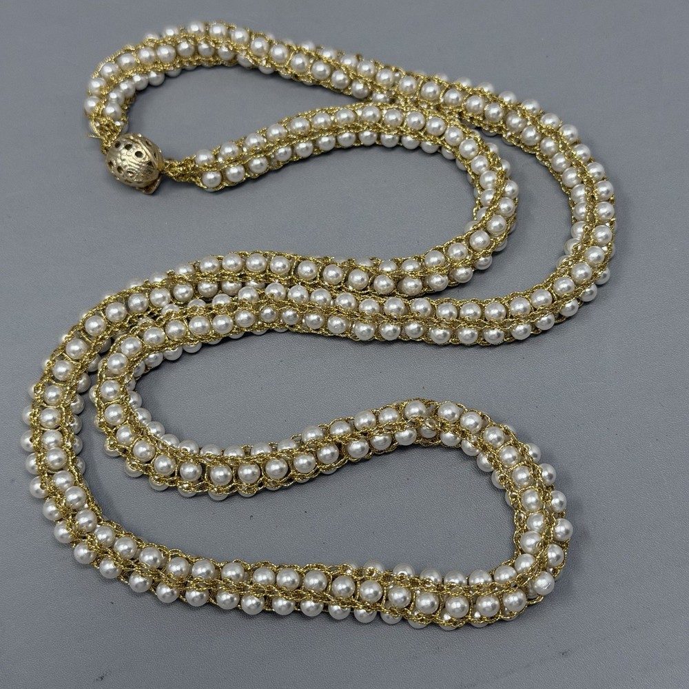 Mini Faux Pearl Necklace Gold Tone Woven Tension Layers Twist Stretchy Handmade