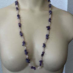 Vintage Hobe Rose Quartz Amethyst Nugget Necklace 28 Inch Gold Tone Bead Spacers