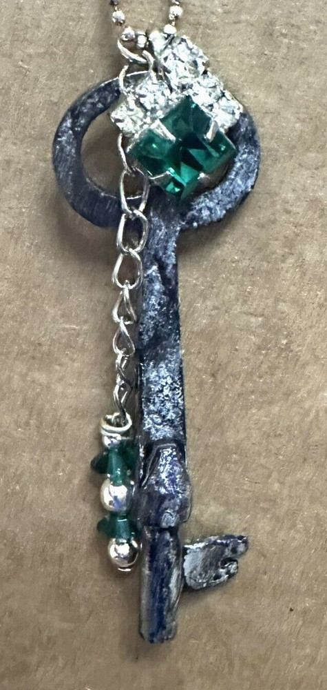 Vintage Key Necklace with Green Stones & Chain Included Newly Made by Artist