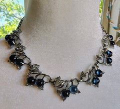 Vintage Blueberry Tutti Fruitti Cabochon & Clear Rhinetone Necklace Silver Toned