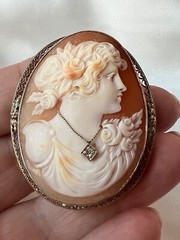 VINTAGE 14K WHITE GOLD LARGE SHELL CAMEO DIAMOND PIN BROOCH CONVERTABLE PENDANT