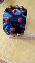 BIG Vtg 2” Black Resin Sterling Inset Red Coral STATEMENT Bangle Bracelet