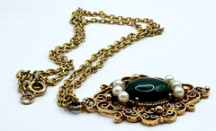 Necklace & Gold Tone Filigree Jade Stone & Faux Pearls Pendant Vintage