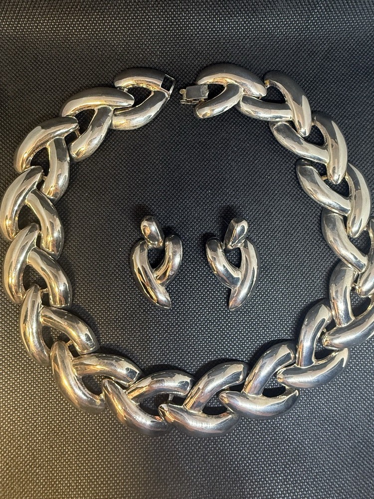 VTG Set Necklace/ earrings 1980s neck flush Large chain metal silver Tone
