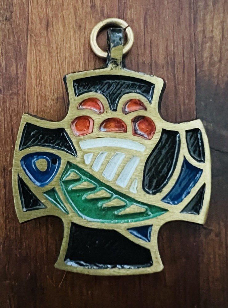 Vintage Terra Sancta Guild Cross Food For Life Fish Gold Enamel Pendant Israel
