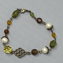 Glass Bead Bracelet Antique Gold Tone Green Yellow Brown Faux Pearl Acrylic 7.25
