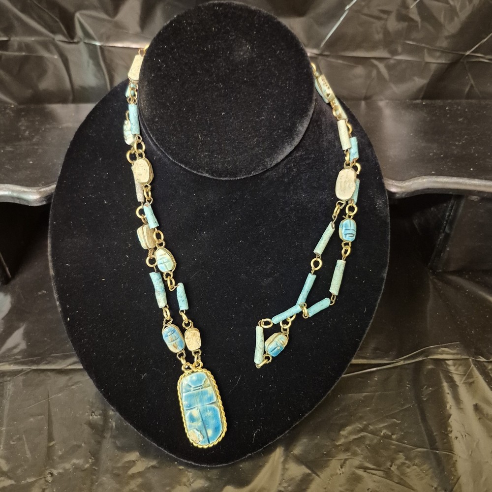 Vintage Egyptian Revival Scarab Necklace Blue Flapper Opera 18″