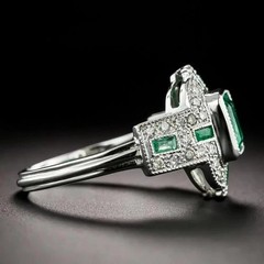 Art Deco Green Emerald & Lab Created Diamond Wedding 14K White Gold Finish Ring