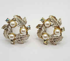 Judy Lee Leaf Leaves Wreath with Faux Pearls & Crystals Vintage Clip On Earrings